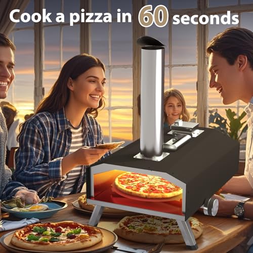 Pizza Oven Table Grill Cart and Wood Pellet 12” Pizza Oven, Wood Fired Pizza Oven Outdoor for Outside Backyard, Camping, Picnics, Patio, Universal Outdoor Pizza Oven Grill Cart 4 Wheels