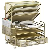 MINDEPOT Organizador de papel de 4 camadas + suporte de arquivo de 3 bolsos + gaveta + porta-canetas, organizadores de arquivos de mesa, bandeja de papel para material de escritório, organização de