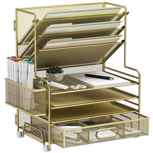MINDEPOT Organizador de papel de 4 camadas + suporte de arquivo de 3 bolsos + gaveta + porta-canetas, organizadores de arquivos de mesa, bandeja de papel para material de escritório, organização de