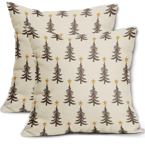 Christmas Tree Pillow Covers 16x16 Set of 2 Dark Brown Yellow Xmas Tree Star Rustic Winter Decorative Outdoor Pillowcases Farmhouse Holiday Decorations Throw Cushion Case Decor for Couch Sofa Bed