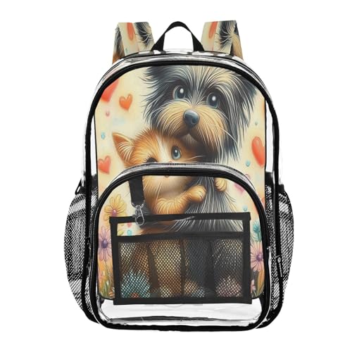 Cute Dog Cat Flower Clear Backpack Heavy Duty See Through Transparent PVC BookBag for Kids Boy Girl School Work