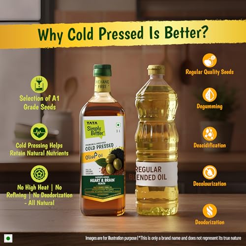 Image of Tata Simply Better Olive+ Blended Oil for Indian Cooking, Premium & Unrefined, Cold Pressed, 1L, Hexane Free, Blend of Olive, Sesame & Flaxseed Oil, Rich in Omega-3 & ALA, Supports Normal Heart & Brain Health