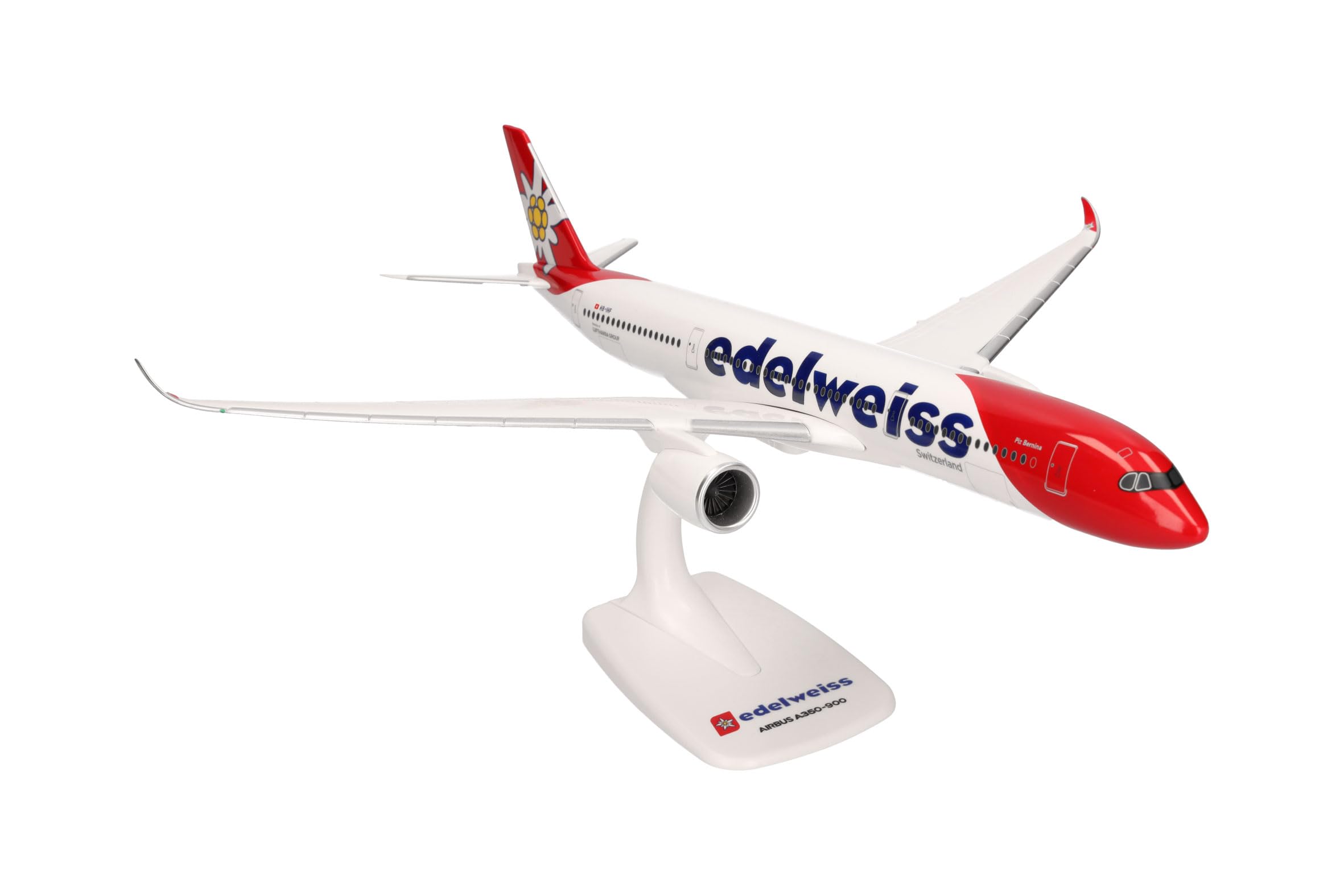 Herpa Snap-Fit Modellflugzeug Edelweiss Air Airbus A350-900 - HB-IHF Piz Bernina, Miniatur im Maßstab 1:200, Sammlerstück, Modell mit Standfuß, Kunststoff, Rot