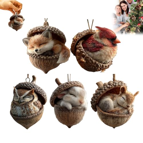 5Pcs Weihnachtsbaumschmuck Waldtier Eichels Ornamente,2D Acryl Tiere...