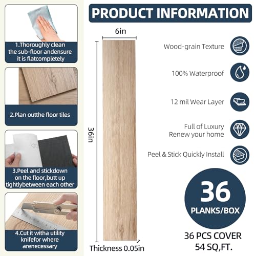 Vigosong Peel and Stick Floor Tile 54 Sq.Ft (36-Pack) - Self-Adhesive Vinyl Plank Flooring, 6" x 36" Wood Look, Waterproof Easy DIY Tiles for Living Room Bedroom Kitchen (Kusva Wood) by Vigosong - Used condition - Image 6