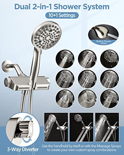 Makefit Filtered Shower Head With Handheld Combo Brushed Nickel - Dual 2-In-1 Spa System With Massage Shower Head And 10 Modes Hand Held Shower Head, High Pressure, Buit In Power Wash Mode #TOP4