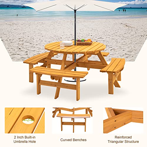 Ufurpie 8 Person Round Picnic Table,Outdoor Wooden Round Picnic Tables W/4 Built-In Benches,Umbrella Hole,Outside Table And Bench Set For Garden,Backyard,Porch,Patio,500Lbs Capacity Per Bench,Natural #TOP4