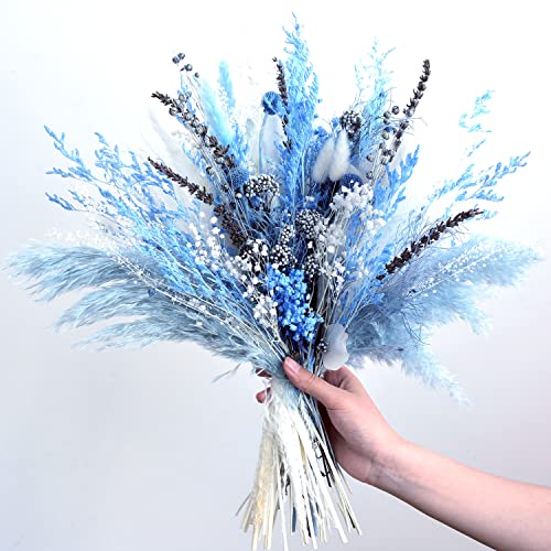 MUYEJI Natural Dried Pampas Grass Bouquet, Boho Home Decor Bouquet, Blue Pompas Grass Decor, Dried Flower Arrangement for Home Wedding Decoration