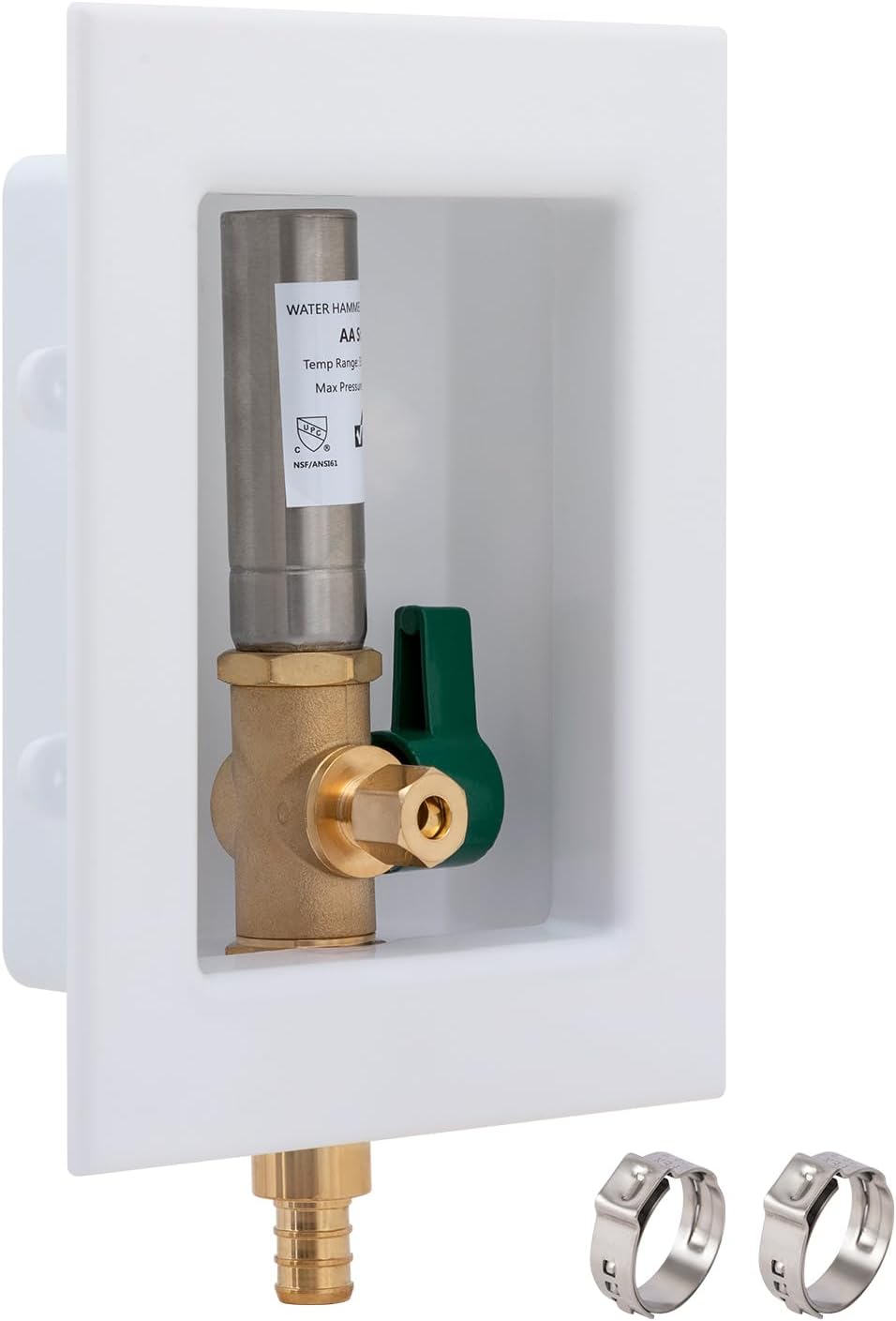 SUNGATOR Ice Maker Outlet Box with Water Hammer Arrestor (Stainless Steel), 1/2 Inch Pex Crimp Inlet x 1/4 Inch OD Compression Outlet, Ice Maker Valve Wall Box with 2 Crimp Rings