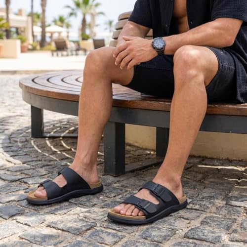 Image of CUSHIONAIRE Mars Double Buckle Slide Sandals for Men with Arch Support, Cork Footbed and EVA Outsole
