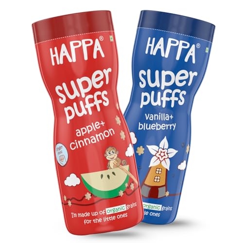 Image of Happa Organic Baby Puffs | Vanilla Blueberry and Apple Cinnamom Flavour | Made with Organic Ingredients | Melt-in-the-Mouth, Supports Self-Feeding & Baby-Led Weaning | No Artificial Flavours or Colours | Stage 2 (8 Months+) | Pack of 2 (40g Each)