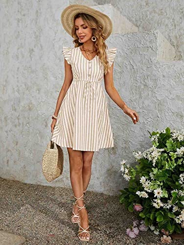 Image of Leriya Fashion Western Dress || Rayon Vertical Striped Printed Dress for Women || Flounce Cap Sleeve | V-Neck | Drawstring Waist Flared Dress || Summer Short Dresses for Women.