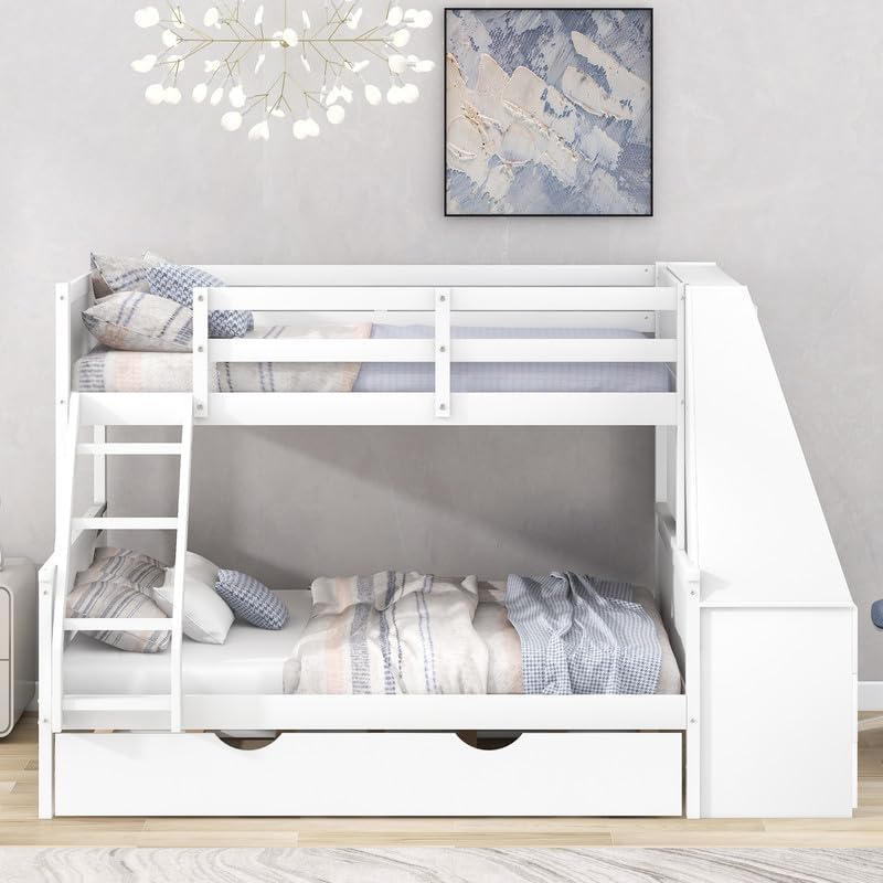 Twin Over Full Bunk Bed with Trundle and Built-in Desk, Wooden Multifunction Bunk Bed Frame with 3 Storage Drawers and Shelf, Safety Guardrail and Ladder, Bedroom Furniture for Teens Adults, White