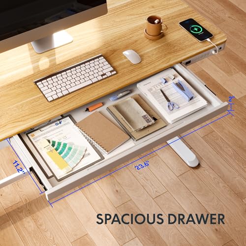 Image of FLEXISPOT Electric Standing Desk with Drawer Storage Adjustable Height Quick Assembly Table w /USB Charge Ports, Child Lock （Natural Desktop + White Frame）