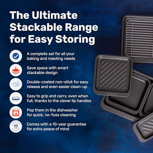 BetterWare Stack Ease 7-Piece Bakeware Collection | Includes 3 Roasters, 3 Oven Trays & 1 Cooling Rack | Dishwasher & Freezer Safe | Stackable Design | Proudly Made in Britain - Image 2