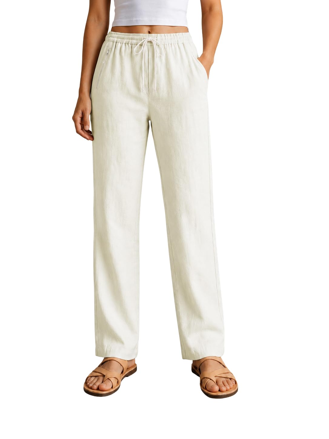 tagdo Woman's Cotton Linen Trousers | Lightweight & Breathable Elastic with Drawstring Pants | Straight Fit & One Side Zip Pocket | Casual, Summer & Travel Wear (2076)-picture-57