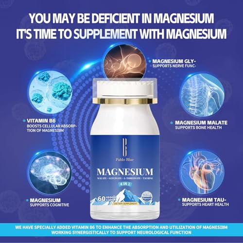 Image of Pablo Blue 4-in-1 Magnesium Glycinate Complex for Women & Men, Chelated Magnesium Threonate, Taurate, Malate & Vitamin B6, Sleep Aid, Brain Function, Muscle Relaxation & Calm Support, Gluten Free