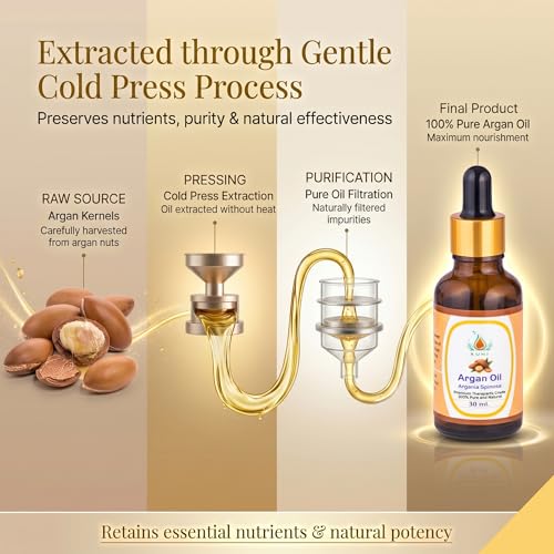 Image of KUNJ Argan Oil 30ml | 100% Pure & Natural Cold Pressed Moroccan Argan Oil | Undiluted Oil for Hair Nourishment, Skin Hydration, Face Care & DIY Beauty Use