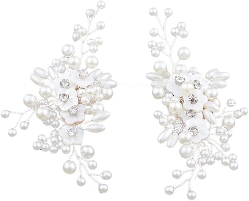 Womens 2PC Wedding Party Shoes Clips Rhinestone Silvery Pearl Crystal Flowers Decorative Jewelry Clips Removable Shoe Decorations for Flats