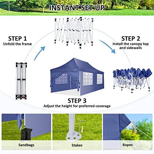 Cobizi 10X20 Pop Up Canopy Tent With 6 Removable Sidewalls, Easy Up Commercial Canopy, Waterproof And Uv50+ Gazebo With Roller Bag, Adjustable Leg Heights,Party Tents For Parties Blue #TOP6