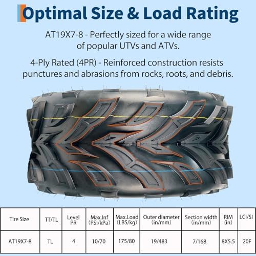19X7-8 ATV UTV Tires 4PR - All Terrain Off-Road Tires, Wide Footprint & Extra Grip for Mud, Sand & Rock, Tubeless - 1