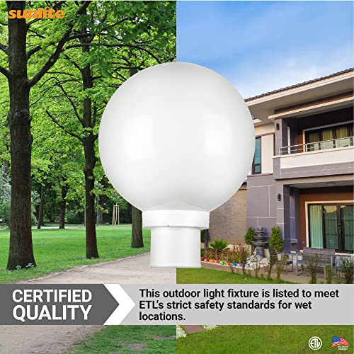 Sunlite 47244 10" Post Mount Globe Light Fixture, 1 Medium Base (E26) Socket (60W Max. A19 Bulb Not Included), Uv Resistant Materials, Etl Listed For Wet Location Use, White Globe With White Base #TOP5