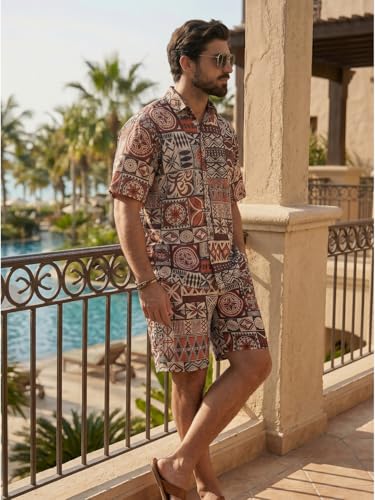 Image of BROWN CULTURE Men's Cotton Floral Print Co-ord Sets with Shirt & Shorts Collar Neck Standard Length and Button Down Closure Type | Night Suit for Men
