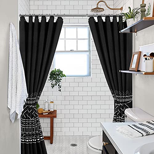 Boho Black Shower Curtain Set With 12 Hooks Waffle Fabric Shower Curtains Bohemian Modern Shower Curtains Aztec Geometric Shower Curtain Sets Water Repellent Bathroom Curtain Washable 72X78 Inch #TOP7