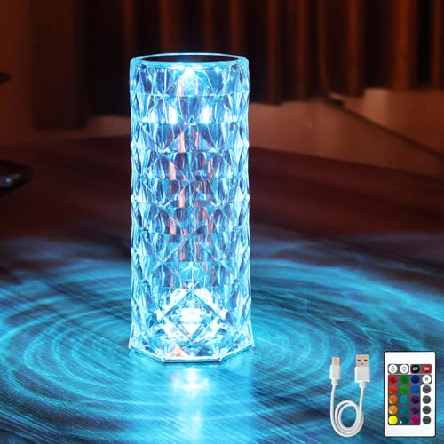 Lámpara de mesa con diseño de rosa de diamante, luz nocturna LED RGB con control táctil y remoto, lámparas de mesita de noche, regulable, recargable por USB, decoración de iluminación romántica para