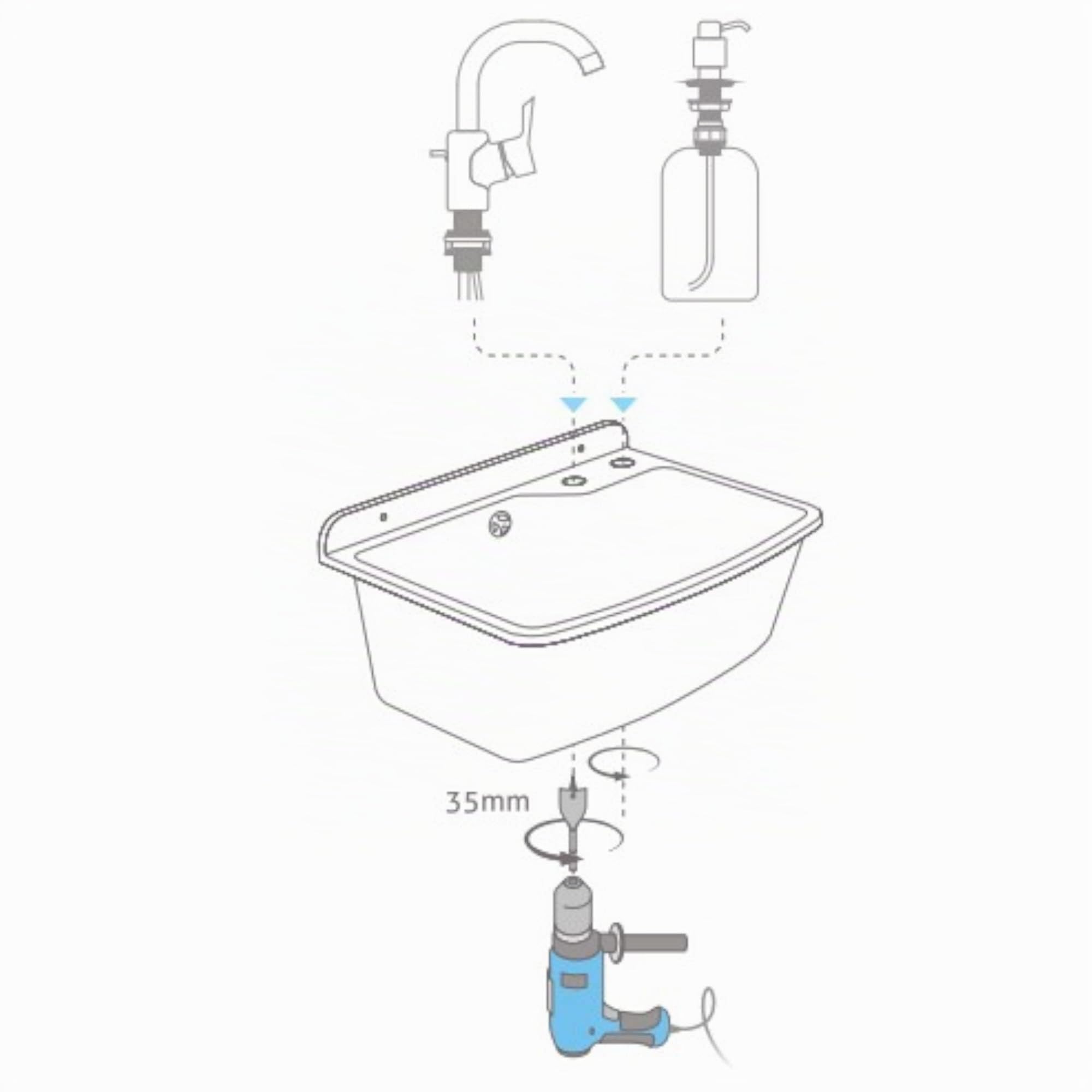 Lavabo con sifón de plástico gris granito color, 61 cm de longitud colgante instalación de agua cocina baño lavabo resistente