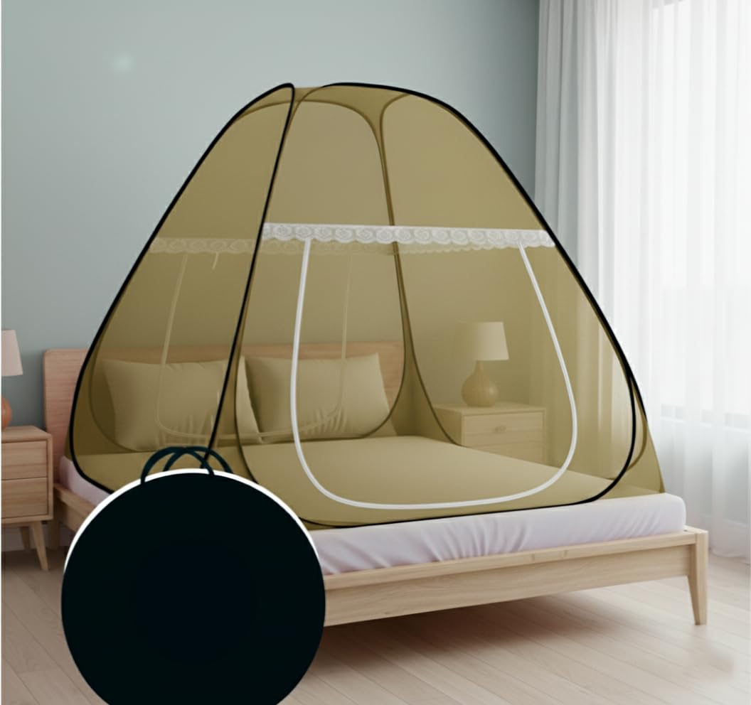 Double Bed Mosquito Net/Machhardani 6.5 x 6.5 Feet with Foldable Steel Frame | Polyester Adults Mosquito Net for Family Sleeping | High Durability, Foldable, Tent Shape Mosquito Net (Khaki)-image-22