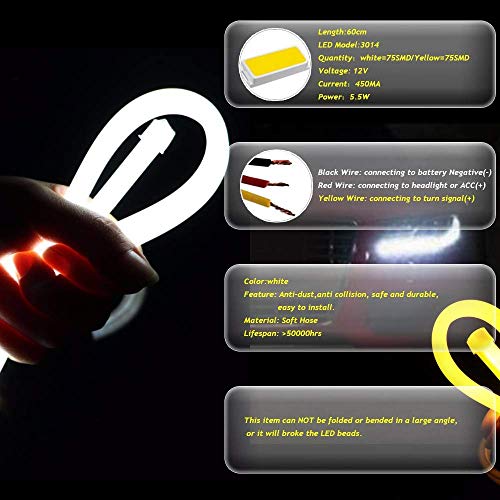 2 X 24 Inch Drl Led Light Strip, Yanf Flexible Daytime Running Lights Dual Color White & Amber Sequence Led Strip Tube Switchback Headlight Decorative Lamp & Flowing Turn Signal Light For Any 12V Cars #TOP3