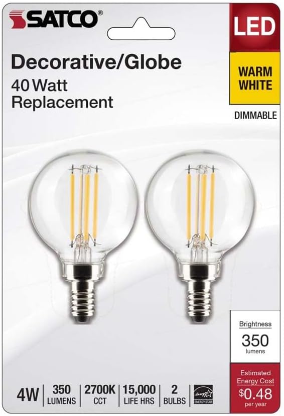 Satco 21810-4G16.5/LED/CL/927/120V/E12/2CD Globe (S21810) Globe Style Antique Filament LED Light Bulb