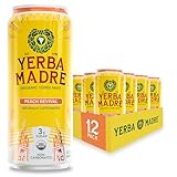 Yerba Madre Organic Yerba Mate, Low Sugar Peach Revival, 150mg Natural Caffeine, Energy Drink Alternative, No Jitters or Crash, 15.5 Oz (Pack of 12)