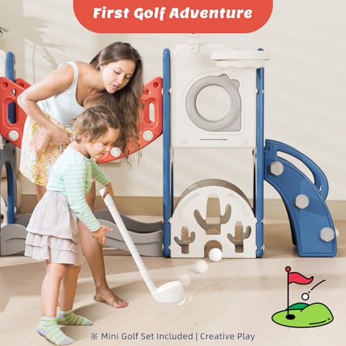 67i Toddler Indoor Playground Slide and Swing Set with Climbing Arch, Golf, Basketball - Outdoor Playset for Toddlers 1-3, Kids Activity Center​ (Red Blue, with Swing) - Thumbnail 4