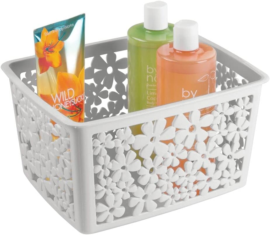 mDesign Plastic Bathroom Storage Basket Bin for Organizing Hand Soaps, Body Wash, Shampoos, Lotion, Conditioners, Hand Towels, Hair Accessories, Body Spray - Large, Floral Design, 3 Pack - Light Gray