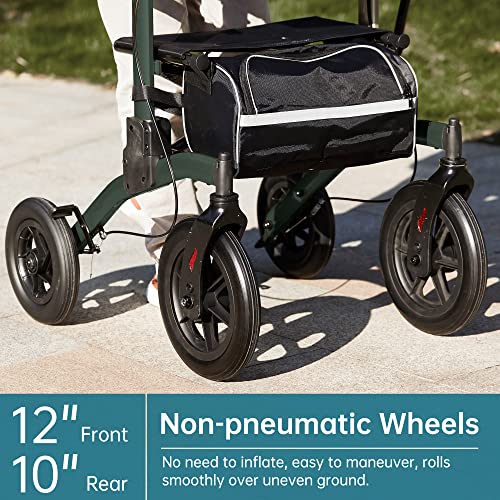 Elenker All-Terrain Upright Rollator Walker, Stand Up Rolling Walker With Seat, 12” Non-Pneumatic Tire Wheels, Compact Folding Design For Seniors, Green #TOP1