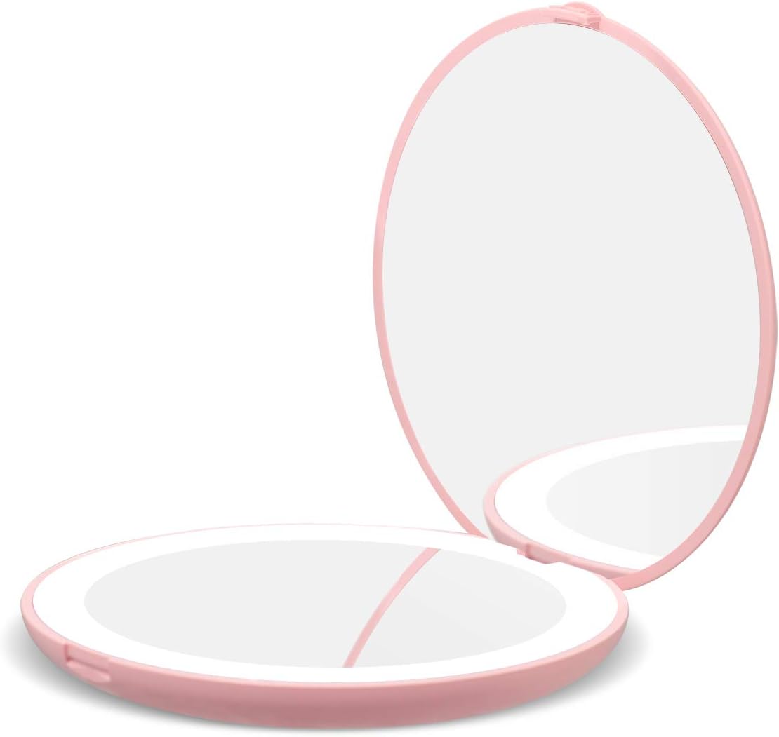 LIANGDU Lighted Compact Mirror with Magnification, 10x Magnifying LED Mini Mirror with Light for Travel and Purse, Pocket Makeup Mirror 3.5 inch Portable Folding Mirror, Women Birthday Gift