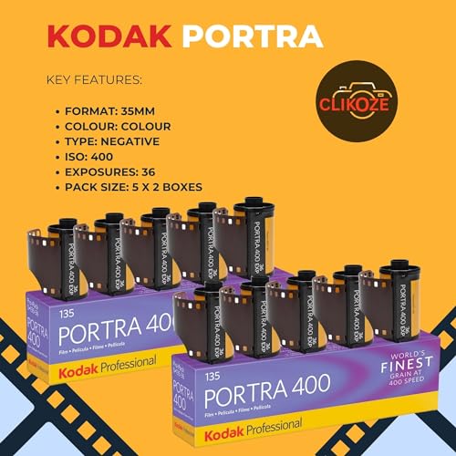 35mm Film Bundle includes Kodak Portra 400 35mm 5 Pack Colour Negative Film 36 Exposures x 2 Packs and Clikoze Camera Film Photography Tips Card - 2