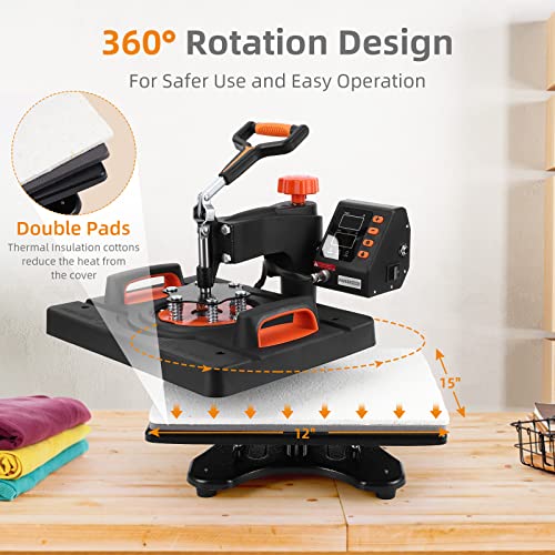 Heat Press Machine 6 in 1 Heat Press Sublimation Machine 360° Rotation Swing Away T Shirt Printing Machine for DIY T Shirts Mug Hat Plate, 12 x 15 Inch - Thumbnail 3