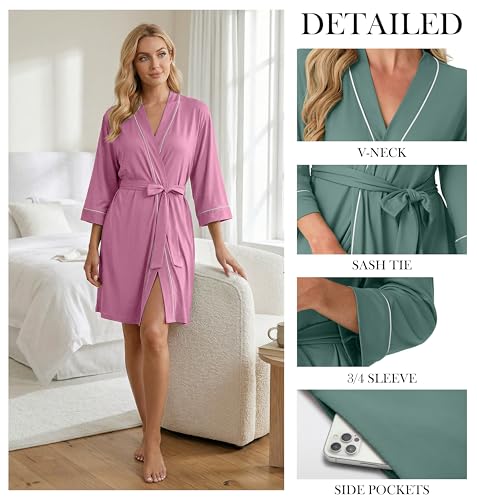 Image of PrinStory Womens Robe Knee Length Soft Knit Bathrobe S-2XL | V-Neck 3 /4 Sleeve Robes with Pockets, Lightweight, Breathable Bath Robe for Shower, Spa, Travel, Home, Party, Nursing