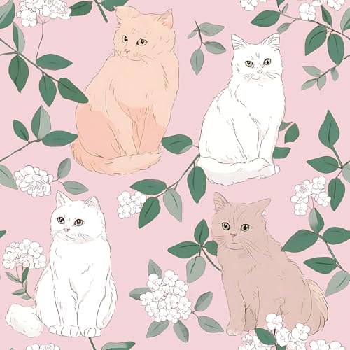 VaryStyle 17.7"x118" Pink Cat Wallpaper Cute Girly Floral Peel and Stick Wallpaper for Girls Bedroom Nursery Removable Self Adhesive Wall Paper Funny Animal Pink Contact Paper for Kids Room Cabinets