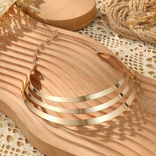 LOLIAS 3 Stück Gold Lätzchen Choker Halskette Set für Frauen Breite Manschette Armreif Armbänder Statement Baumeln Ohrringe Oberarmbandmanschette Handgelenkmanschette Festival Schmuck