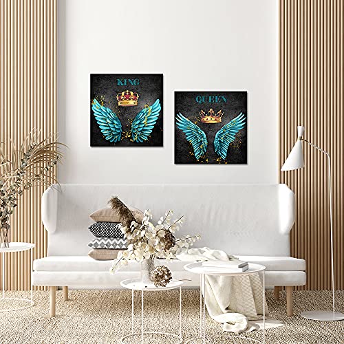 Canvbay Modern Canvas Wall Art Decor Teal Angel Wings With Golden King Queen Crown Painting Picture Print Contemporary Artwork For Living Room Bedroom Wall Decoration Valentine's Day Gift Framed Ready To Hang 20X20Inchx2Pcs #TOP1