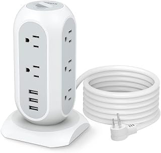 10ft Long Extension Cord Indoor with 3 USB Ports, TESSAN Power Bar Surge Protector Flat Plug, 11 Multi Plug Outlet Power Strip, Desktop Charging Station for Home Office Dorm Room Essentials