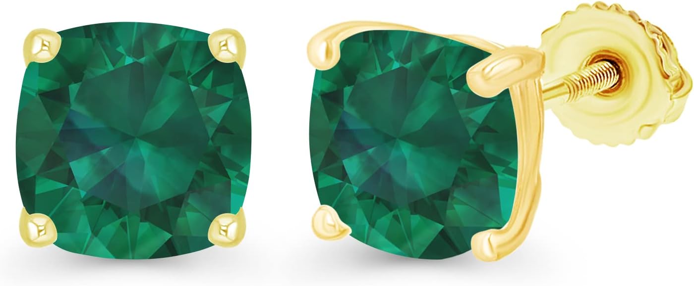 14K Gold Plated 925 Sterling Silver Hypoallergenic 7mm Cushion Cut Genuine Birthstone Solitaire Screwback Stud Earrings