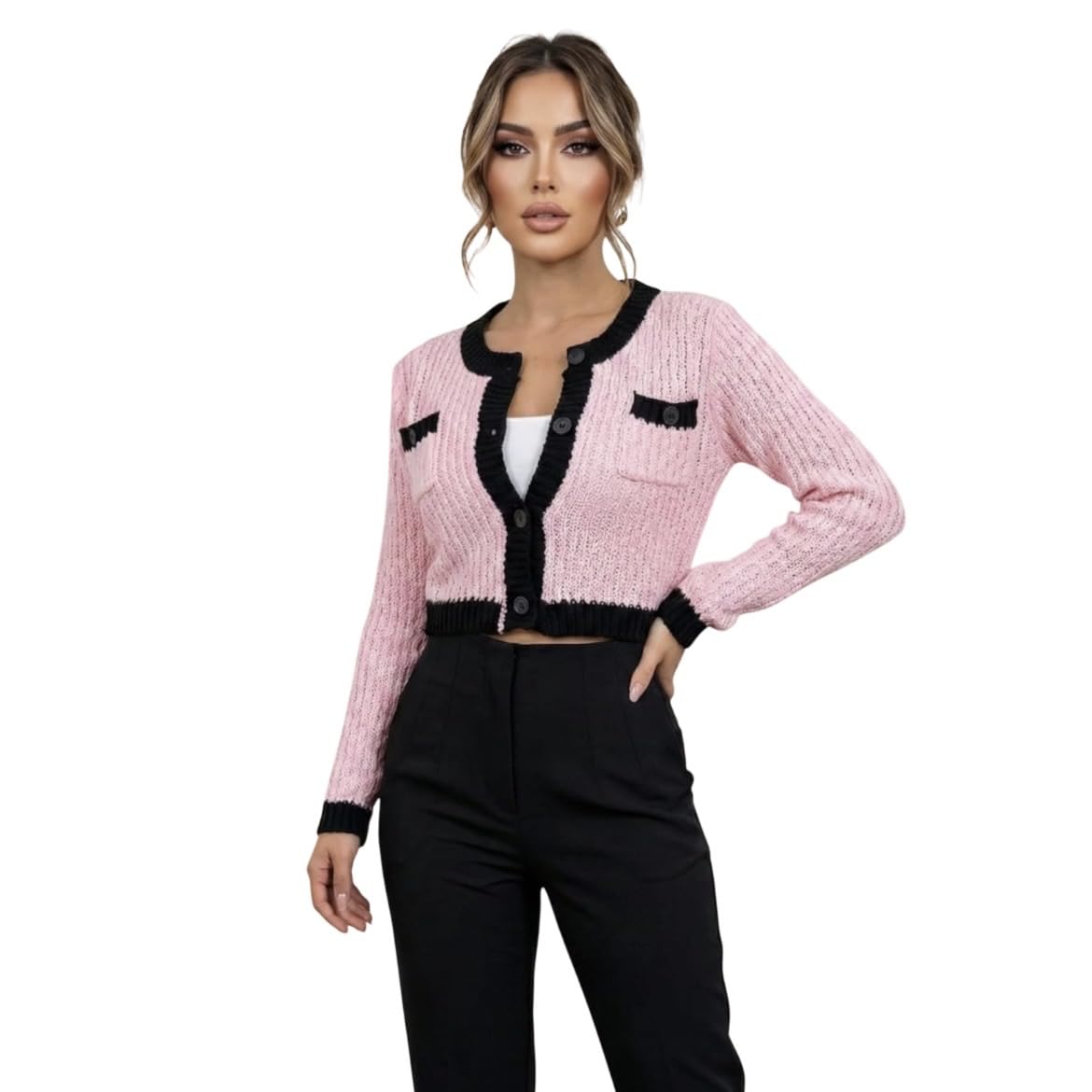 Buy Women's Cropped Crochet top Cardigan Sweater, Pink with Black