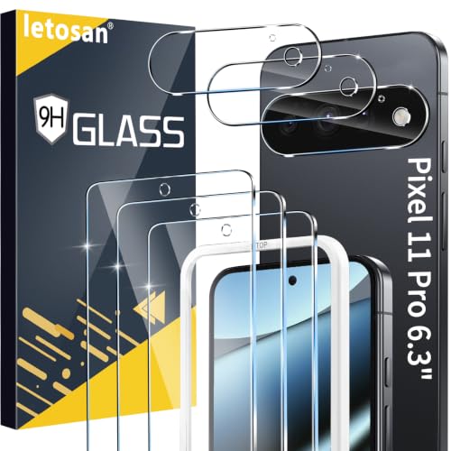 letosan 3 Pack for Google Pixel 11 Pro Screen Protector Tempered Glass + 3 Pack Camera Lens Protector, Military Grade Shatterproof, 9H Hardness, Fingerprint Unlock,Case Friendly 6.3 Inch