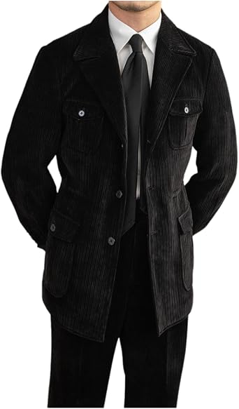 Mens Corduroy Safari Blazer Suit Military Style with Multi-Pockets