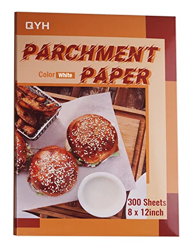 QYH Parchment Paper Baking Sheets 300 Pieces 8x12 Inch Non-Stick Non-Curl Pre-cut White Parchment for Baking Grilling Cooking